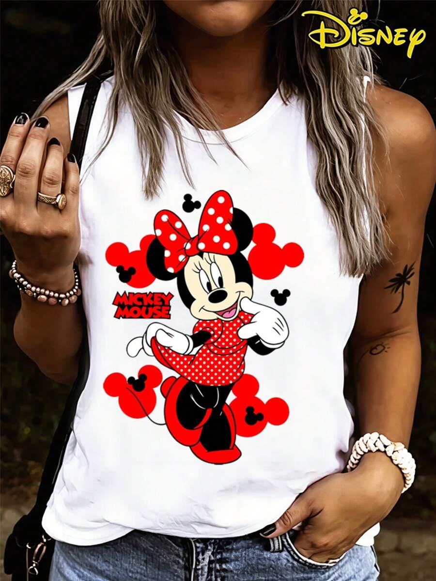 Summer Disney Tops For Women, Classic Polka Dot Cartoon Print Sleeveless Crew Neck Casual Tank, Lightweight For Beach, Daily Wear & Vacation - 白色 - 查看 1