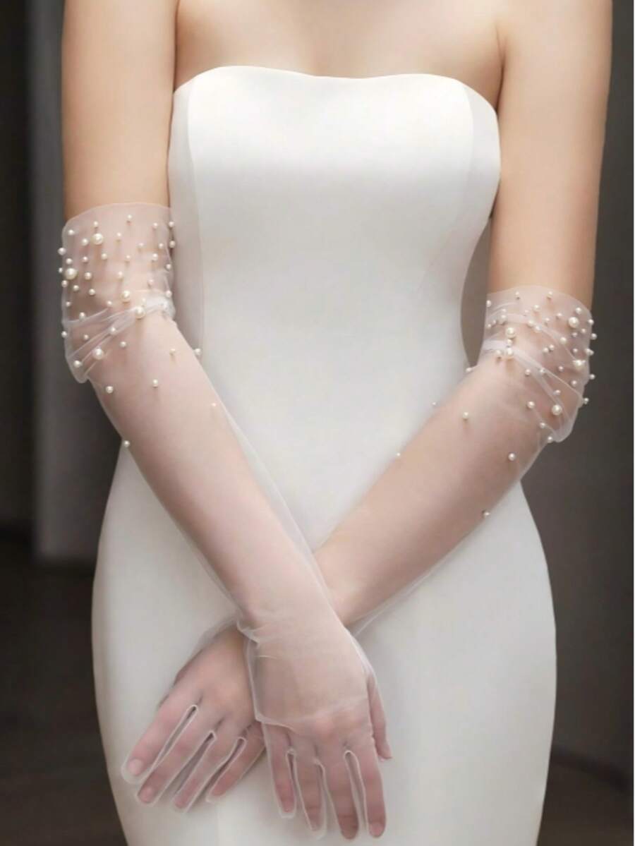 一雙女款珠飾網格新娘長手套,優雅白色長款婚禮晚宴拍照新娘配件,婚紗店搭配款 - 白色 - 查看 1