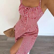 Vestido a media pantorrilla con tirantes a cuadros para mujeres, de moda y apropiado para el verano - Albaricoque - Ver 4