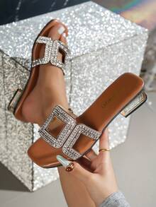 Sandalias tipo slide de estilo coreano con exquisitos strass, correa en forma de H, tacón bajo de bloque y punta cuadrada, para playa, vacaciones y uso casual - Marrón - Ver 2