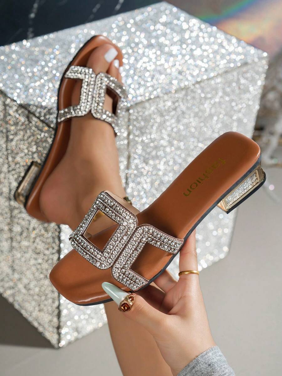 Sandalias tipo slide de estilo coreano con exquisitos strass, correa en forma de H, tacón bajo de bloque y punta cuadrada, para playa, vacaciones y uso casual
