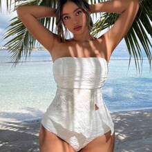 YijiaNvz Swim Mod Conjunto De Bikini Bandeau Para Mujer Con Parte Inferior Dividida Y Con Faldita - Blanco - Ver 1
