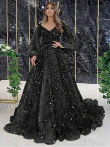 Champagne Beaded Evening Gown For Women V Neck Long Sleeve Tulle Prom Dress With Train Formal Party Ball Gown - 金色 - 查看 10