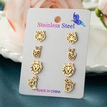 4 pares/set, pendientes de botón de acero inoxidable con cabeza de tigre, león, zorro, de moda, adecuados para hombres y mujeres, bodas y regalos - ZH006 - Ver 12
