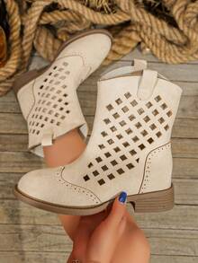 ETHZUDFKL Women's Vintage Western Cowboy Boots, Hollow Rivet Design, Faux Suede Mid-Calf Boots, Chunky Low Heel, Casual Daily Wear, Autumn/Winter Fashion Shoes, Women's Western Style Boots, Women's Cowboy Boots, Hollow Boots, Ankle Boots, Mid-Calf Boots, Thick Heel Boots, Casual Boots, Fashion Boots, Vintage Boots, Y2K Boots, Autumn Boots, Brown Boots, Suede Boots, Affordable Boots, Spring/Summer Boots, Women's Summer Ankle Boots - Apricot - View 10