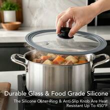 Heat Resistant Glass Pot Lid Silicone Edge Universal Cover In 2 Sizes Compatible With 16-20cm & 24-28cm Cookware Ideal For Frying Pan Wok Stockpot Kitchen Matching Parts - Grey - View 6
