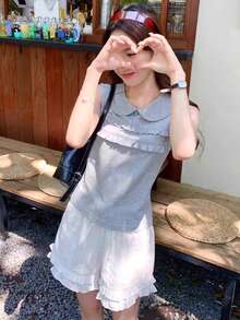 Girly Korean Style Summer Tank Top For Women - Peter Pan Collar Ruffle Trim Sleeveless Casual Top - Grey - View 10