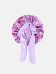 1pc Printed Children's Elastic Ribbon Satin Round Hair Cap, Suitable For Daily Use - Strawberry Purple - View 2