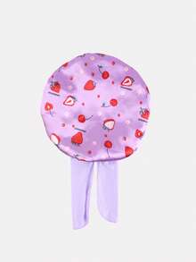 1pc Printed Children's Elastic Ribbon Satin Round Hair Cap, Suitable For Daily Use - Strawberry Purple - View 3