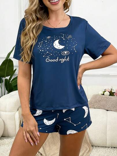 Casual Comfortable Printed Short Sleeve Top And Shorts 2pcs Pajama Set Women's Loungewear