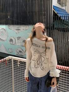 女款休閒白色字母印花不對稱肩長袖T恤，薄透防曬，寬鬆版型，春夏上衣 - 白色 - 查看 5