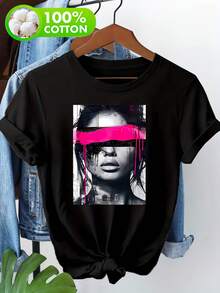 100% Women's Crew Neck T-Shirt, Modern Pop Art Abstract Female Portrait With Bold Pink Stripe Graphic Print, Casual Short Sleeve Urban Wear Top - 黑色 - 查看 1