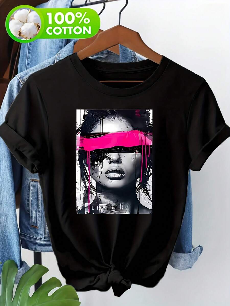 100% Women's Crew Neck T-Shirt, Modern Pop Art Abstract Female Portrait With Bold Pink Stripe Graphic Print, Casual Short Sleeve Urban Wear Top - 黑色 - 查看 1