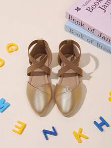 1 Pair Kids Summer Closed-Toe Sandals, Pointed Toe Elastic Cross Strap Slip-On Gold Versatile Party Sandals, Suitable For Shopping, Outfit Matching, School Performances, Outdoor Play - Gold - View 3