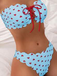 Nuevo modelo 2026:Traje de Baño Bikini con Volantes y Lazo Rojo en Forma de Corazón, Multicolor y  para Mujer - Cielo azul - Ver 5