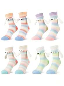 1/4 Pair Women's Colorful Striped Magnetic Hand-Holding Socks, Cute & Fun 3D Eye Pattern Mid-Calf Boat Socks, Perfect For Couples And Friends, Great Sock Gift - Multicolor - View 1