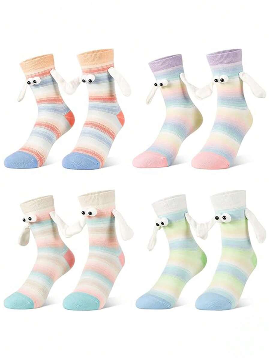 1/4 Pair Women's Colorful Striped Magnetic Hand-Holding Socks, Cute & Fun 3D Eye Pattern Mid-Calf Boat Socks, Perfect For Couples And Friends, Great Sock Gift - Multicolor - View 1