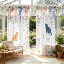 2pcs Sheer Curtains Featuring A Cat And Floral Motif,Adorned With Watercolor-Style Trailing Vines,Butterflies,And Cat Silhouettes,Translucent Curtains Feature A 2D Flat Print,Suitable For Use In Dining Rooms,Living Rooms,And Balconies. - Multicolor - View 7