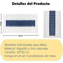 Manteles Individuales para Mesa 6 Piezas, Tapetes para Mesa de Comedor Algodn y Lino, Manteles Individuales Trenzados Rectngulo, Resistente al Calor, Antideslizante, 30x50cm Azul - Azul - Ver 2