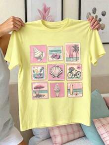 Summer New Style  T-Shirt With SleevesRetro Stamps, Seashell Ice Cream, Surfing Board. Printed Casual Plus-Size T-Shirt. A Gift For Friends, Parents. - 黃色 - 查看 1