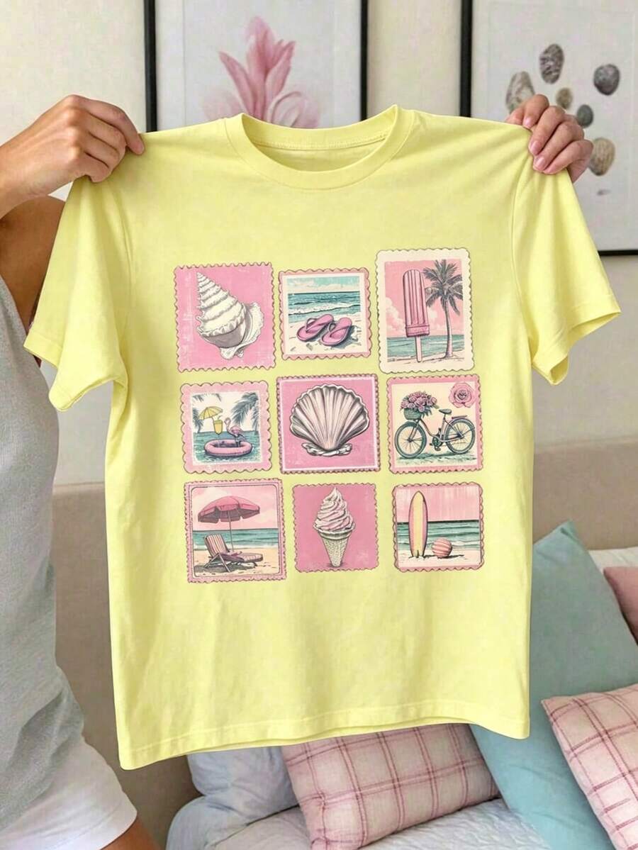 Summer New Style T-Shirt With SleevesRetro Stamps, Seashell Ice Cream, Surfing Board. Printed Casual Plus-Size T-Shirt. A Gift For Friends, Parents. - 黃色 - 查看 1