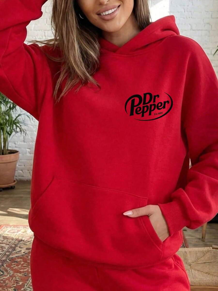 Letter Graphic Oversized Hoodie, Bright Red Not Burgundy, Y2K Style Fall Winter Christmas Outfit - 紅色2 - 查看 1