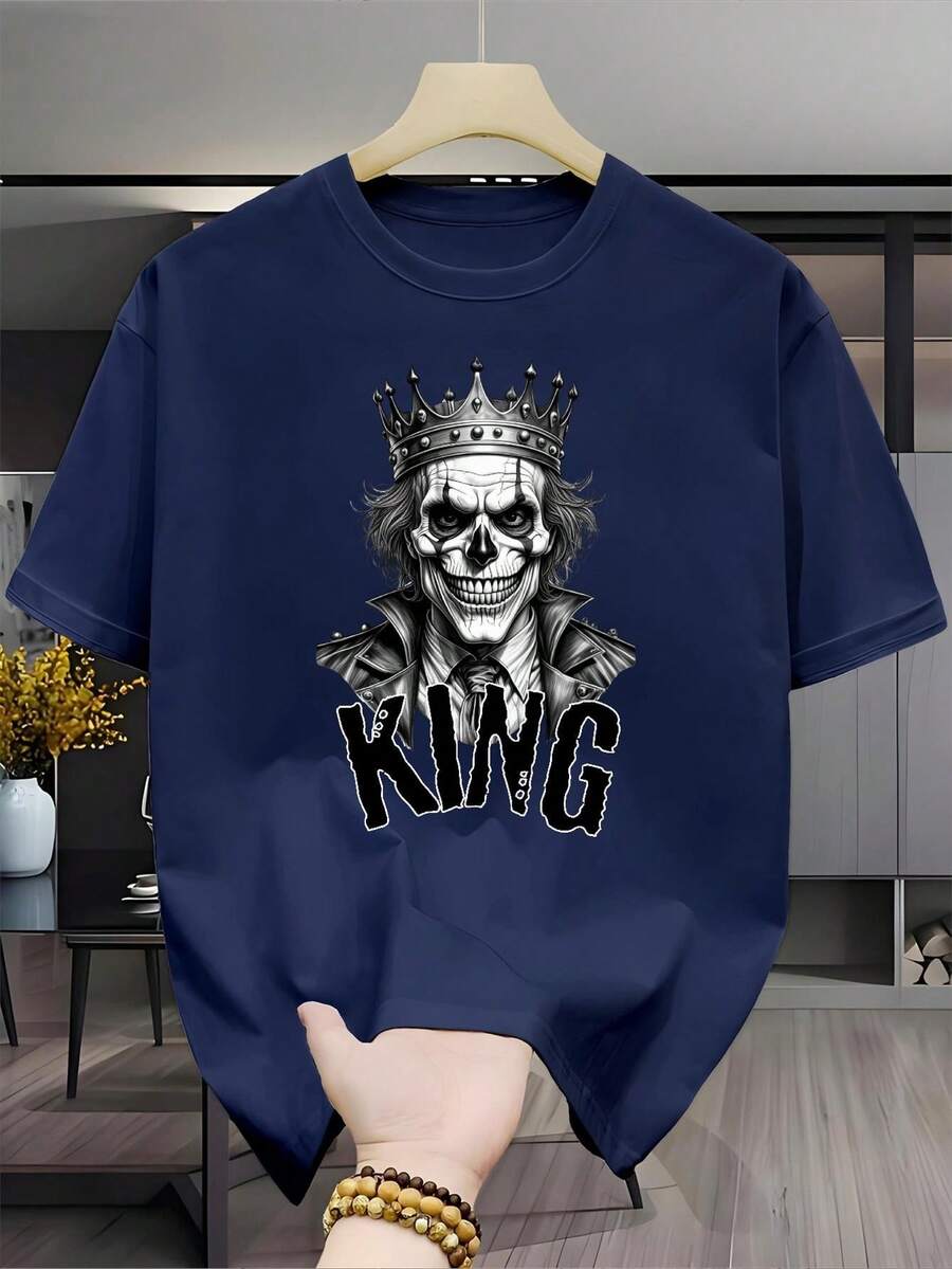 Camiseta de hombre% algodón con estampado personalizado de un payaso calavera con y la palabra KING, una prenda moderna adecuada tanto para hombres como para mujeres. Materia - Azul marino - Ver 1