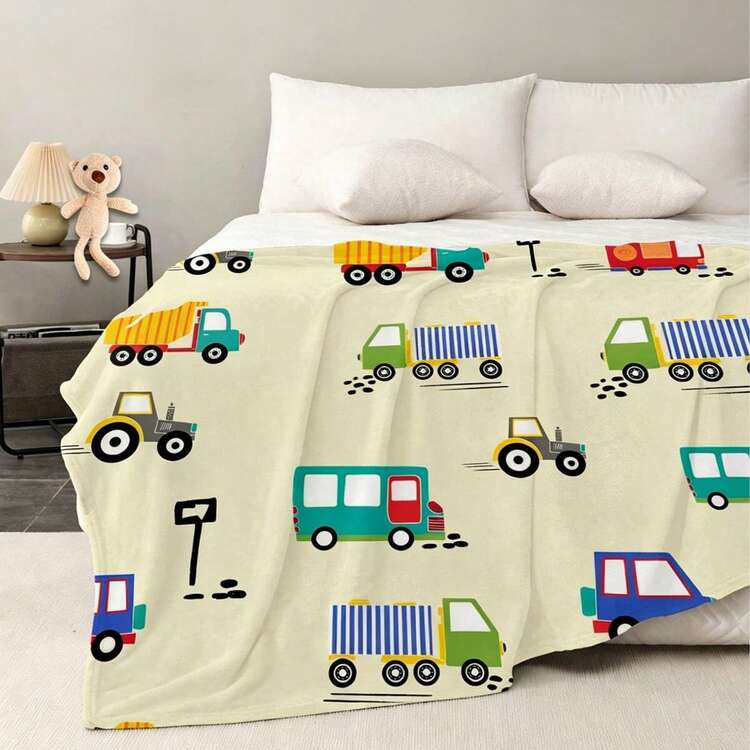 1 Pieza Manta De Franela Con Patrón De Coche De Juguete De Dibujos Animados, Manta Rectangular Larga De Fibra De Poliéster De Estilo Moderno Adecuada Para Varias Escenas. - Multicolor - Añade 3