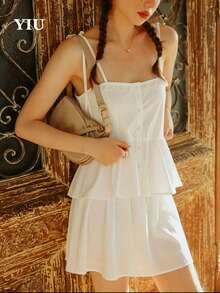 Elegant Women's White Non-Stretch Camisole Tank Top With Ruffle Trim And Pleated Hem Design, Suitable For Daily Wear And Vacation - White - View 2