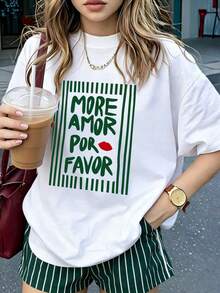 1 pieza Camiseta de mujer de manga corta y cuello redondo, suelta para el verano, con estampado de rayas verticales "talla grande AMOR POR FAVOR", adecuada para vacaciones, oficina, salidas, - Blanco - Ver 1