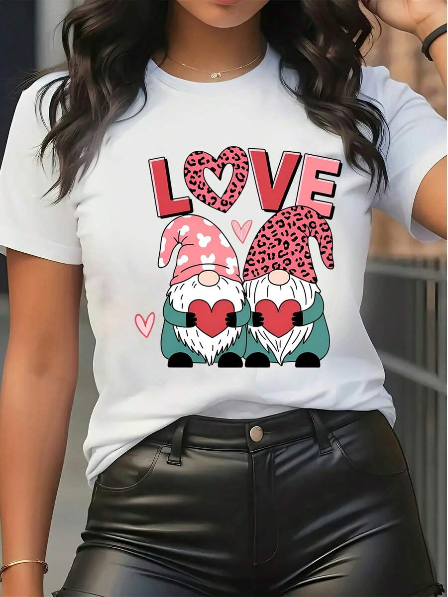 Damen Kurzarm T-Shirt aus reiner Baumwolle mit süßem Love Gnome Grafikdruck, lässiges Valentinstag Top - Weiss - Übersicht 1
