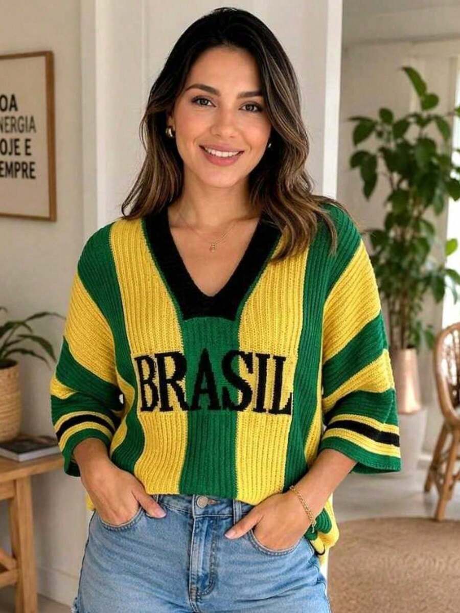 Brazilian National Team Women's V-Neck Blouse, Premium Sweater, Brazil World Cup 2026 - xanh lá cây/vàng/đen - Xem 1