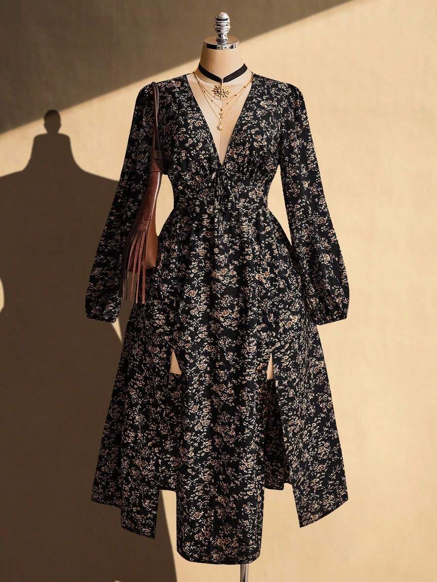 ICON Vestido de manga larga con cuello en V profundo y estampado floral diminuto para mujer de talla grande - Negro - Ver 1