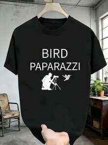 Camiseta con estampado de fotógrafo de aves, algodón suave, cuello redondo, corte holgado, cómoda, estilo hip-hop urbano. - Negro - Ver 2
