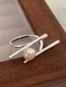 1pc Unique Creative Chopstick Shaped Pearl Ring, Elegant High-End Adjustable Open Ring, Fashionable Accessory - Silver - View 1