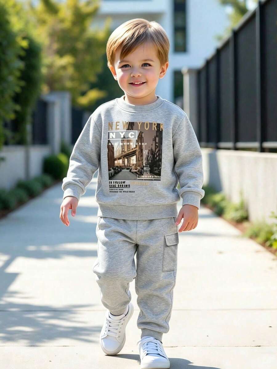 Young Boy Landscape Print Crew Neck Sweatshirt And Sweatpants Casual Suit, Autumn - Grey - View 1