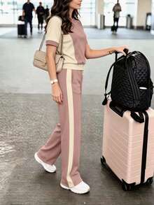 Bộ 2 món nữ phong cách casual xuân/hè, áo thun cổ tròn tay ngắn phối màu block và quần ống đứng suông cạp cao, set áo thun và quần phối màu, trang phục đi nghỉ dưỡng, đồ du lịch, phong cách đi biển, thời trang resort tối giản - Hồng + Mơ - Xem 6