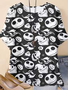Disney, Jack Skellington And Ghosts Print, Round Neck Short Sleeve T-Shirt, For Halloween Party And Casual Wear - Multicolor - View 2