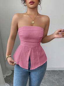 casual y sexy con diseño sin espalda y textura tejida para mujer, primavera/verano - Rosa Fucsia - Ver 1