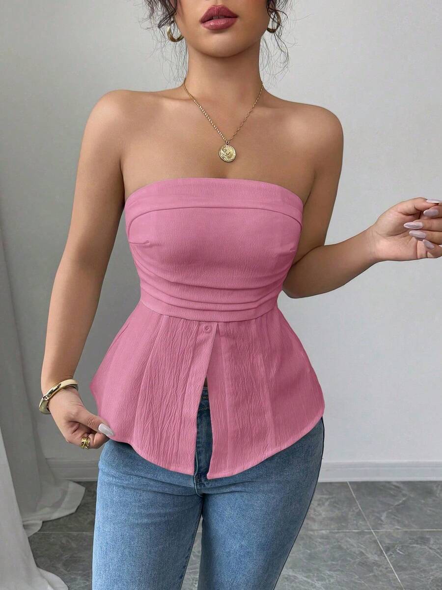 casual y sexy con diseño sin espalda y textura tejida para mujer, primavera/verano - Rosa Fucsia - Ver 1