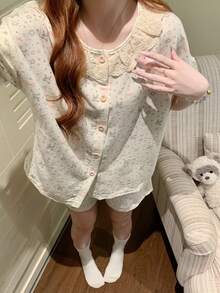 2pcs/Set Women's Pajama Homewear Set, Cute Animal Print Open Front Lace Collar Short Sleeve Simple Casual Shorts, Suitable For Spring And Summer, Can Be Worn Outdoors - White - View 5