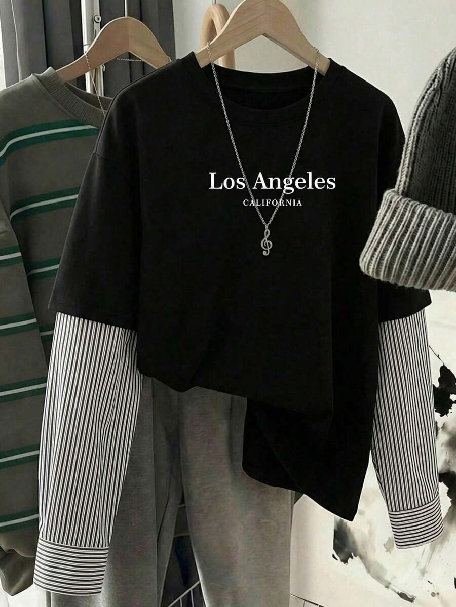 Camiseta de manga larga holgada con cuello redondo 2 en 1 para mujer - Negro - Ver 1
