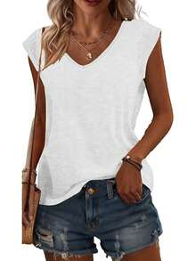 3pcs Solid Color Plus Size V-Neck T-Shirts, Casual Short Sleeve T-Shirts Spring/Summer, Women's Clothing - Black + White + Gray-blue - View 4