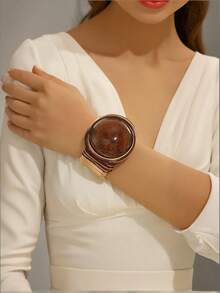 1pc Bohemian Style Resin Stone Statement Cuff Bracelet, Gold & Brown Wire Wrapped Bangle For Women, Party & Vacation Wear - Coffee - View 6