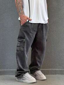 Black Stonewashed Cargo Jeans With Elastic Waistband. - Dark Wash - View 10