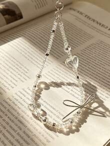 Clear Heart & Bow Beaded Phone Lanyard, Y2K Aesthetic Wrist Strap, Multi-Use Anti-Lost Phone Chain With Silver Star Beads, Transparent Beaded Charm For Phone Case, Bag, Keychain, Camera, Cute Korean Style Accessory, Versatile Hand Strap For Women Girls, Sweet Bowknot Design, Lightweight Portable, Fashion Phone Decoration, Perfect Gift For Friends - Multicolor - View 2