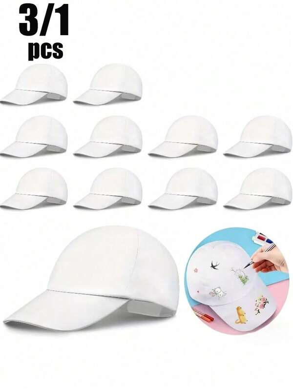 3 peças Bonés de Beisebol Brancos, Adequados para Festas Temáticas, Festas de Aniversário, Reuniões Familiares, Piqueniques no Relvado, Desportos ao Ar Livre, Chapéus de Sol de Lazer, Praia, DIY, Perfeitos para Pintura Artística Criativa em Branco.