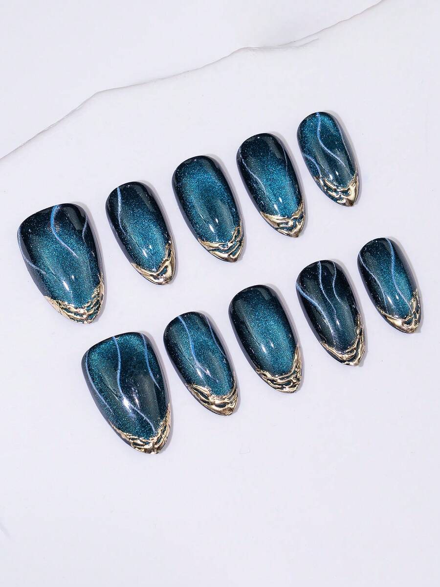 10pcs Short Cat Eye Deep Teal Press-On Nails, Luxury Gold Trim Fake Nails, Reusable Acrylic Nail Tips With Jelly Glue - 彩色 - 查看 1