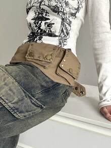 Sac de taille rétro Y2K style mode japonaise & coréenne pour femme, ceinture porte-cartes à sangle multi-œillets, accessoire de taille pour styliser la tenue, pochette de taille carrée streetwear pour pièces et écouteurs - Kaki - Voir 4