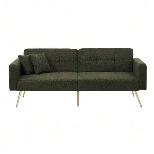 Sofa Bed With Adjustable Incline, Gold Legs, Cushions And Side Storage Pockets - 軍綠色 - 查看 1